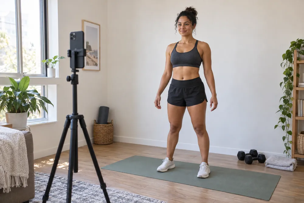A woman using a phone on a tripod to take her progress photo at home