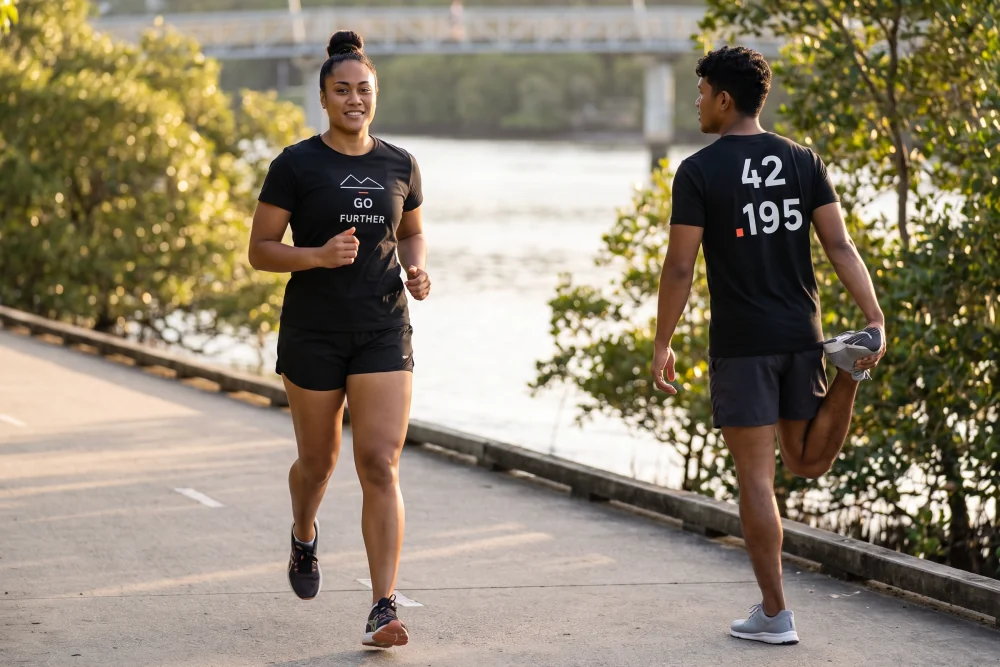 Two training partners on a Brisbane riverside path, one jogging in the Go Further Training Tee, one stretching in the Marathon Training Tee