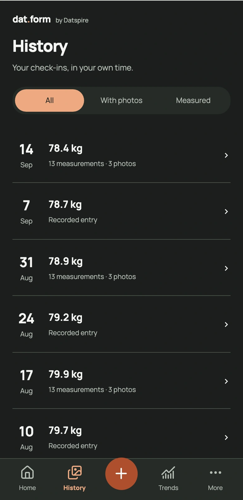 dat.form history with sample saved check-ins inside an iPhone